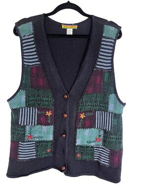 Vintage Floral Patchwork Knit Sweater Vest M Granny Boho Indie Folk Peasant Farm